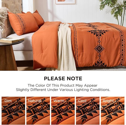 Embroidered Boho Comforter Set Queen Size, 3-Piece Western Shabby Chic Bedding Set - Fluffy Ultra Soft Microfiber with Intricate Design, Includes Comforter & 2 Pillowcases, Pumpkin(88"x88")