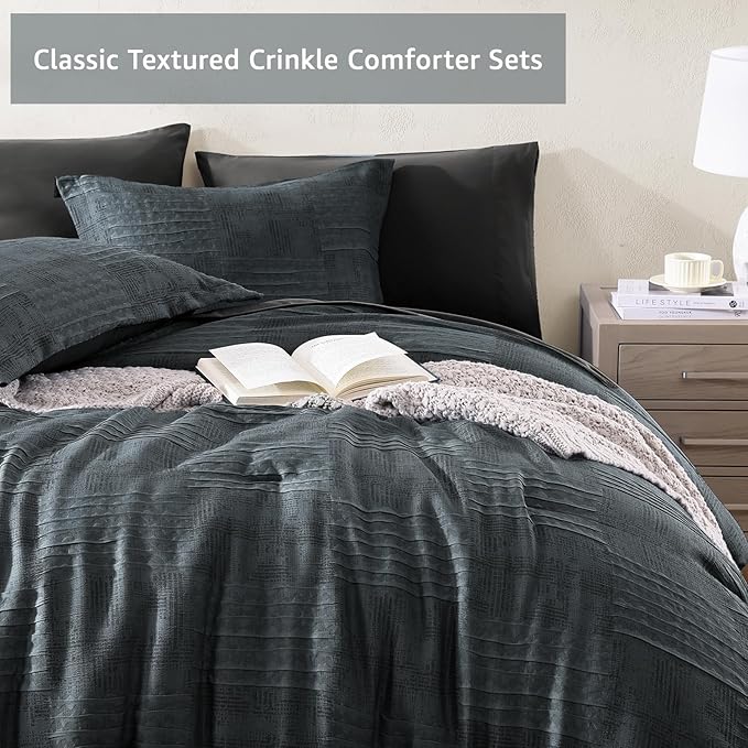 MaiRêve Full Size Comforter Sets Blue Grey, Textured Design Crinkle Bedding Sets 7 Pieces, All Season Bed in A Bag with Comforter, Sheets, Pillowcases & Shams