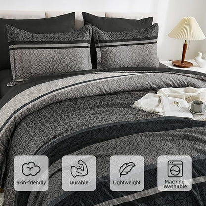 WONGS BEDDING 7 Pieces Comforter Set Queen Size, Dark Grey Black Striped Bed in a Bag Comforter and Sheet Set, Minimalist Geometric Soft Lightweight Micorfiber Bedding Set for All Season (90"×90")