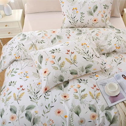 MUXHOMO Garden Leaves Bed in a Bag Queen 7 Pieces, Queen Comforter Set Reversible Botanical Flowers Design, Ultra Soft & Breathable Bedding Sets with Comforter, Sheets, Pillowcases & Shams