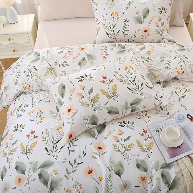 MUXHOMO Garden Leaves Full Comforter Set, Elegant Floral Print Bed in a Bag 7 Pieces, Ultra Soft & Breathable Reversible Botanical Pattern Bedding Set with Comforter, Sheets, Pillowcases, and Shams