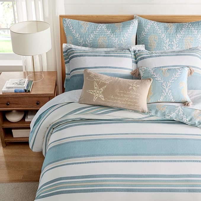 Levtex Home - Kailua Duvet Set - Twin Duvet Cover (68x88in.) + One Standard Pillow Case (26x20in.) - Stripe - Blue Teal Taupe Cream - Cotton