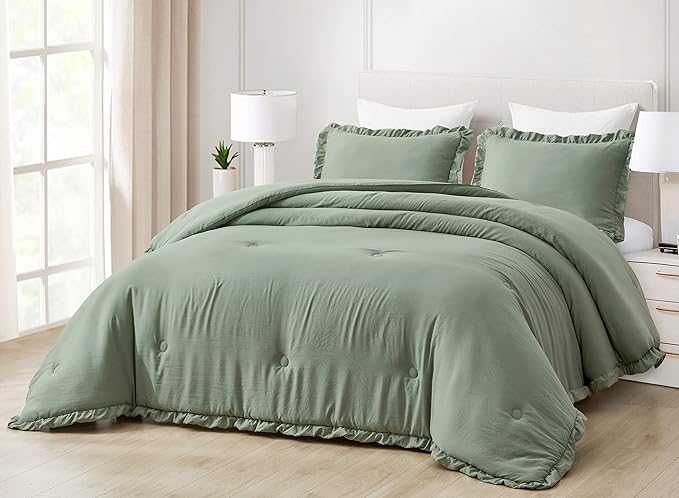Chezmoi Collection Nora Sage Green Comforter Set Oversized Queen 3-Piece Lightweight Soft Stone-Washed Ruffled Shabby Chic Bedding for All Season