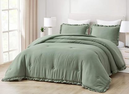 Chezmoi Collection Nora Sage Green Comforter Set Oversized Queen 3-Piece Lightweight Soft Stone-Washed Ruffled Shabby Chic Bedding for All Season