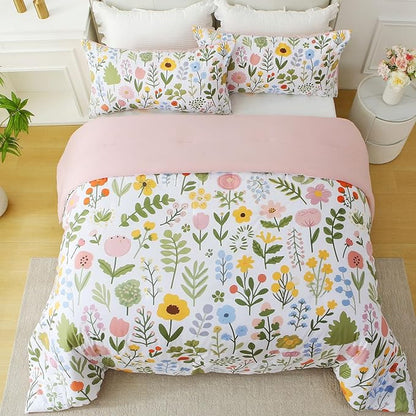 King Comforter Set Pink 3 Pieces Bed in a Bag, Colorful Floral Bedding Sets Elegant Botanical Bed Set, Lightweight Soft Comforter with 2 Pillowcases for All Season