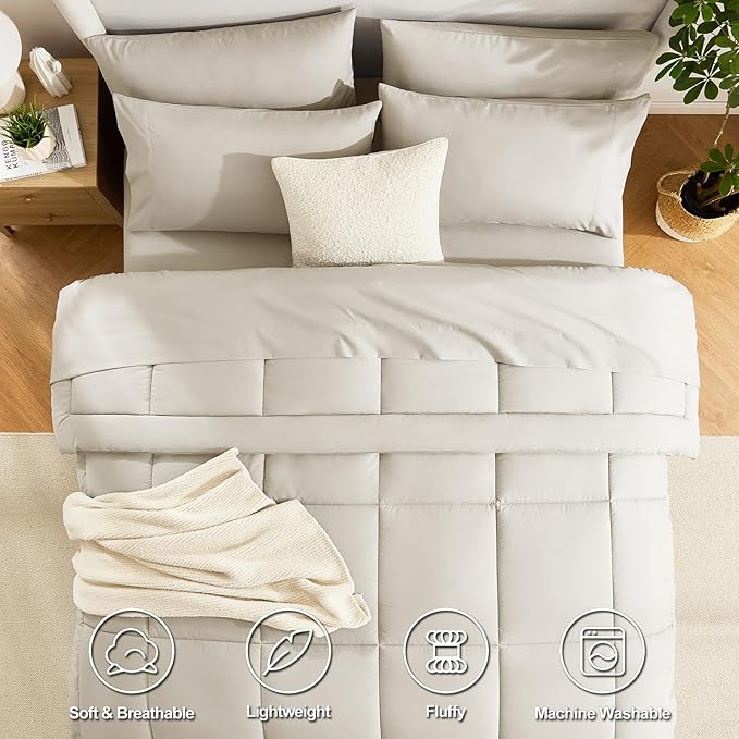 CozyLux Queen Comforter Set Beige, 7 Pieces Bed in a Bag, Beige Comforter Queen Size, All Season Bedding Sets with Stitch Quilted Comforter, Flat Sheet, Fitted Sheet, Pillowcases