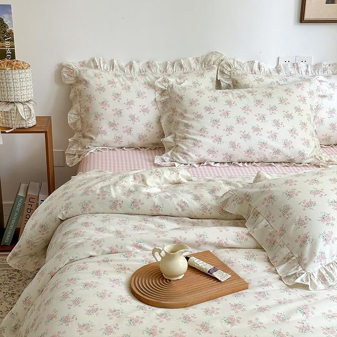 MKXI Full Size Pink Floral Comforter Set - 3 Piece Ruffled Lace Bedding Set 1 Full Comforter with 2 Pillowcases All Seasons, Soft Aesthetic Princess Style Floral Comforter for Girls, Women