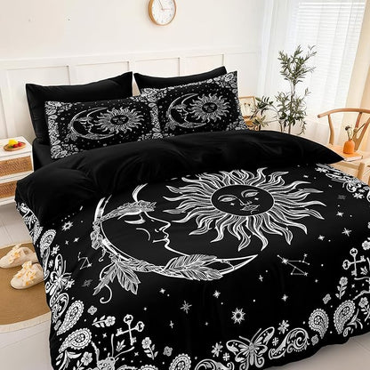 Sun and Moon Comforter Set 8 Pcs Black White Paisley Bedding Sets Stars Starry Sky Galaxy Theme Boho Comforter Paisley Floral Exotic Bedding Comforter Queen Bed in A Bag