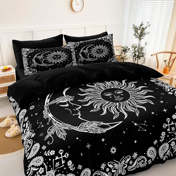 Sun and Moon Comforter Set 8 Pcs Black White Paisley Bedding Sets Stars Starry Sky Galaxy Theme Boho Comforter Paisley Floral Exotic Bedding Comforter King Bed in A Bag