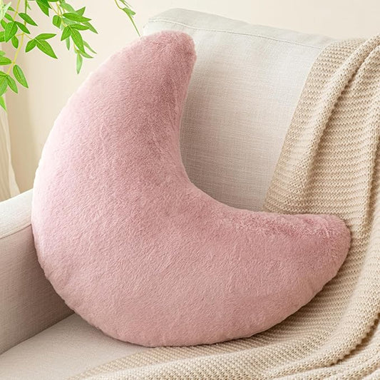 Moon Pillow, Decorative Throw Pillows with Soft Faux Rabbit for Bed Couch, Moon Shaped Pillows Plush Floor Cushions Room Decor Pillow for Sofa Bedroom Living Room (Grey Pink, 19.6 Inches)
