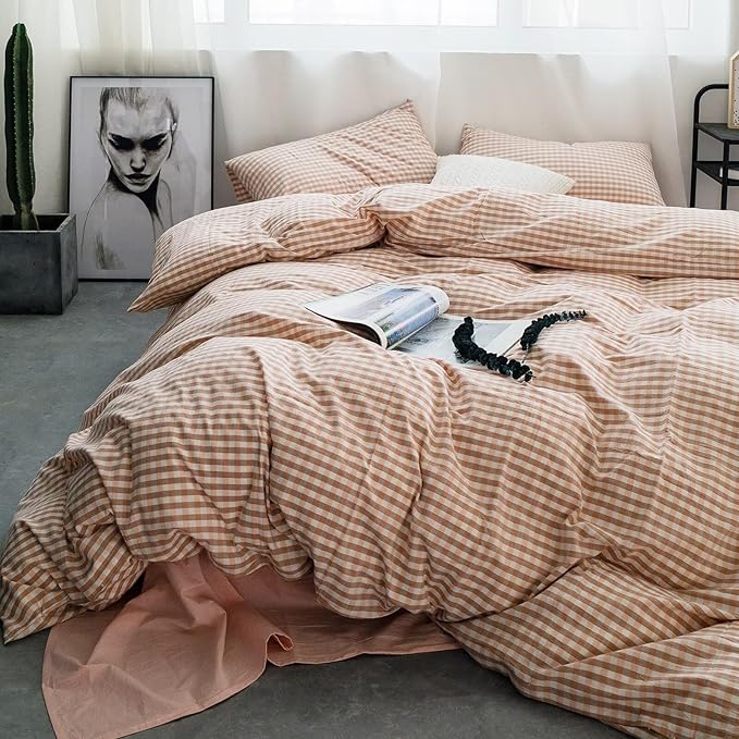 mixinni Pink Gingham Comforter Set King, Plaid Comforter Set 3 Pieces 1 Pink Grid Comfoter with 2 Pillow Cases for All Seasons, Soft Fluffy Modern Grid Pattern Printed Bedding-King Size