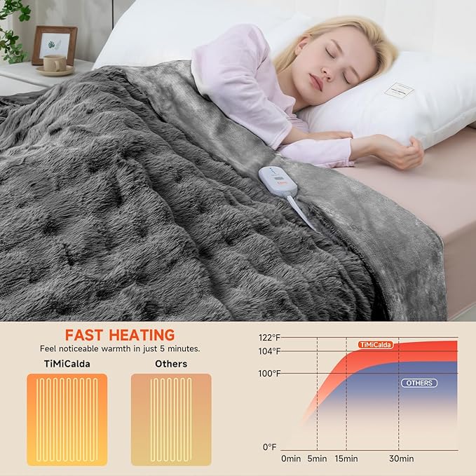 Heated Blanket Electric Twin- 62"x84" Soft Thick Bubble Electric Blanket for Sofa with 5 Heat Levels & 4 Hours Auto-Off Overheat Protection, Warm Cozy Gifts, Light Grey