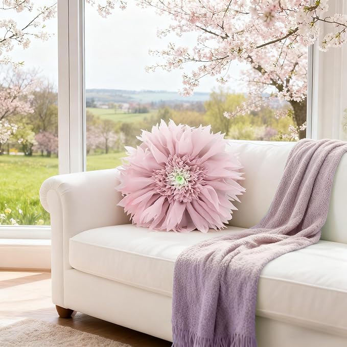 Handmade 3D Flower Throw Pillow Pink Decorative Daisy Floral Accent Pillow Cute Round Velvet Cushion for Bed Couch Car Chair Bedroom Living Room Boho Farmhouse Home Decor 14Inch Rose Gold