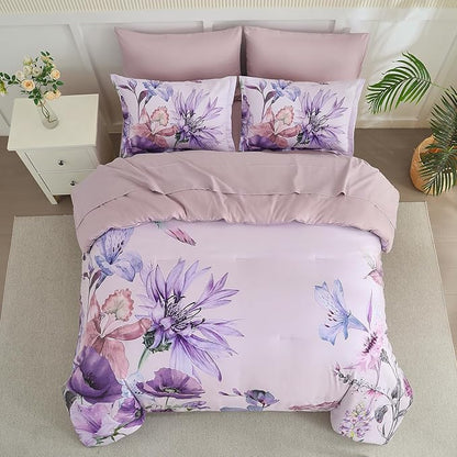Yogeneg King Size Comforter Set 7 Piece Bed in a Bag,Elegant Floral Botanical Pattern Purple Bedding Set,Soft Microfiber Comforter with Sheet Set,All Season Bed Set(Purple Floral,King)