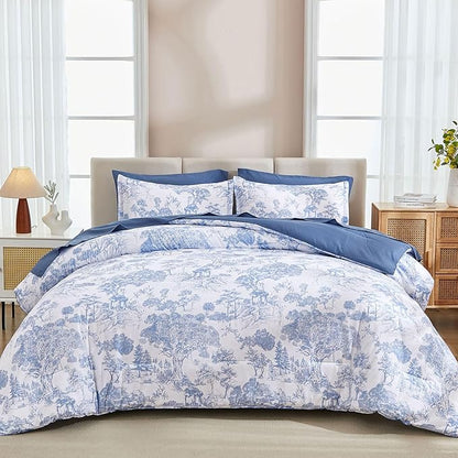 DJY Blue Comforter Set California King Size,7 Pieces Bed in a Bag Botanical Comforters with Sheets Elegant Plants Print Soft Microfiber Reversible Complete Bedding Sets for All Season
