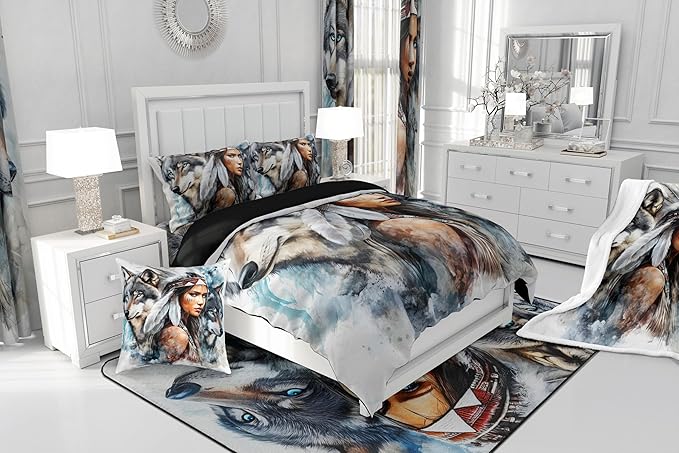 Erosebridal Indian Woman and Wolf Queen Comforter Set,Hunting Wolf Bedding Set for Men Women Room Decor,Wild Animal Safari Bed Set Exotic Boho Bedding Comforter Sets,2 Pillowcases