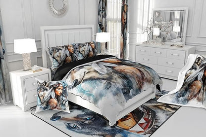 Erosebridal Indian Woman and Wolf King Bedding Set,Hunting Wolf Comforter Set for Men Women Bedroom Decor,Wild Animal Safari Quilt Set Exotic Boho Bedding Comforter Sets,2 Pillowcases