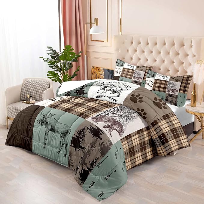 LUVIVIHOME 3PCS Farmhouse Cabin Comforter Set, Brown Plaid Sage Green Full Size Comforter, Bear Deer Moose Woodland Forest Animal Wildlife Lodge Country Rustic Bedding Patchwork Quilt, 2 Pillow Shams