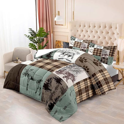 LUVIVIHOME 3PCS Farmhouse Cabin Comforter Set, Brown Plaid Sage Green Full Size Comforter, Bear Deer Moose Woodland Forest Animal Wildlife Lodge Country Rustic Bedding Patchwork Quilt, 2 Pillow Shams