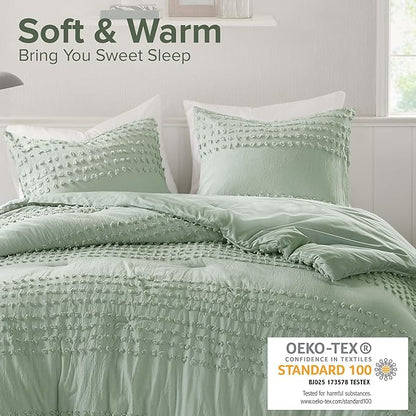 Comfort Spaces Queen Comforter Set Jacquard Pom-Pom Tufts Boho Comforter for Queen Size Bed, Microfiber Reverse, All Season & Lofty Queen Bedding Set & Sham, Phillips, Full/Queen, Sage Green 3 Piece