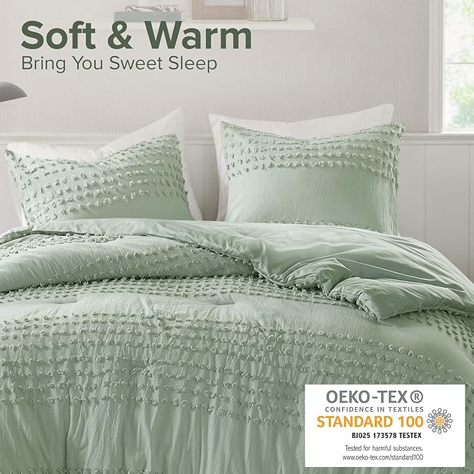 Comfort Spaces Twin Comforter Set Jacquard Pom-Pom Tufts Boho Comforter for Twin Size Bed, MIcrofiber Reverse, All Season & Lofty Twin Bedding Set & Sham, Phillips, Twin/Twin XL, Sage Green 2 Piece