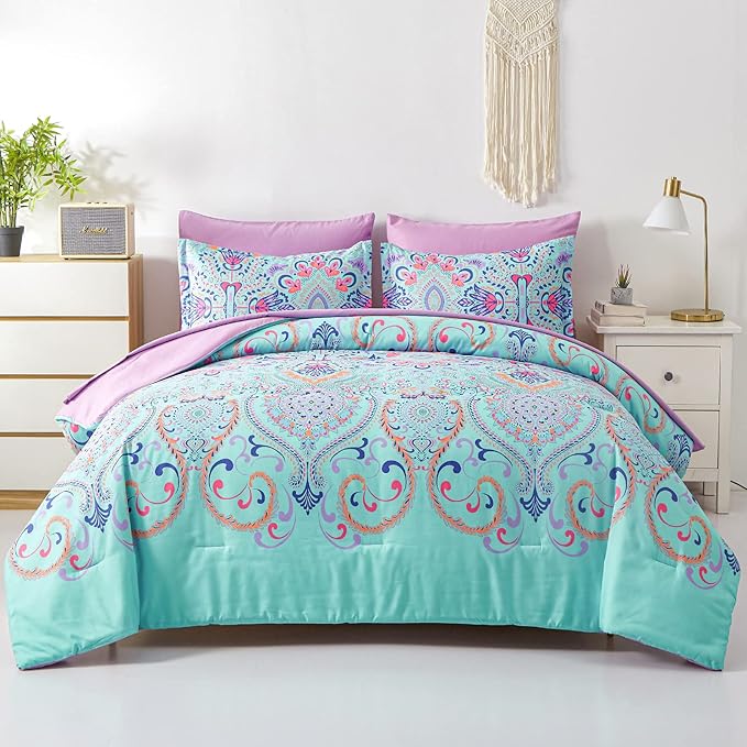 Queen Comforter Set, 7 Piece Bed in a Bag, Boho Aqua and Lilac Damask Medallion Print Comforter with Sheets, Soft Microfiber Complete Bedding Set for All Season (Aqua, Queen)