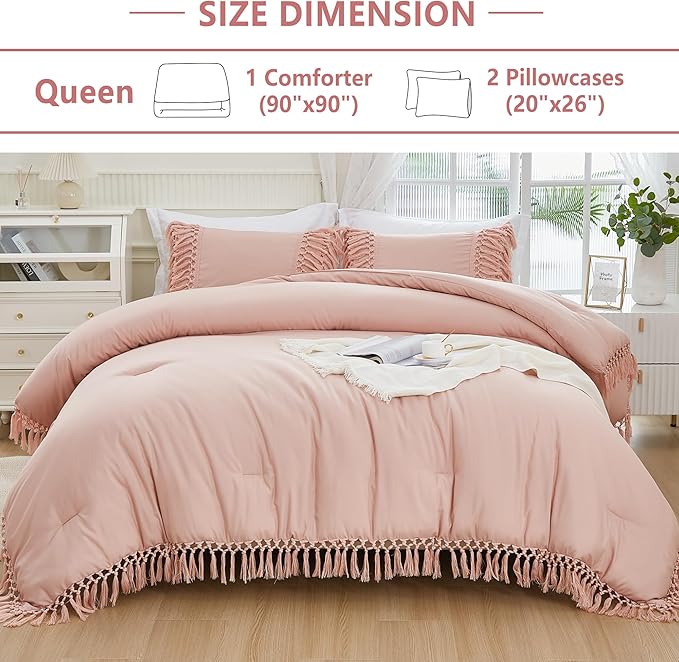 Andency Pink Comforter Set Queen, 3 Pieces Boho Tassel Lightweight Soft Bedding Comforter Sets, All Season Fluffy Fringe Bed Set (90x90In Comforter & 2 Pillowcases)