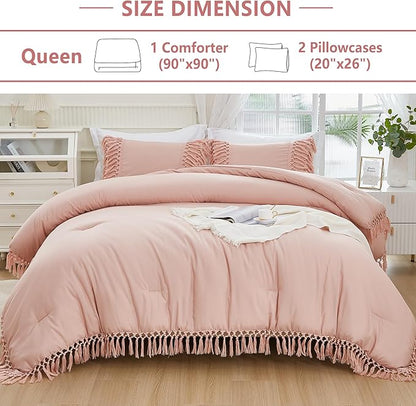 Andency Pink Comforter Set Queen, 3 Pieces Boho Tassel Lightweight Soft Bedding Comforter Sets, All Season Fluffy Fringe Bed Set (90x90In Comforter & 2 Pillowcases)