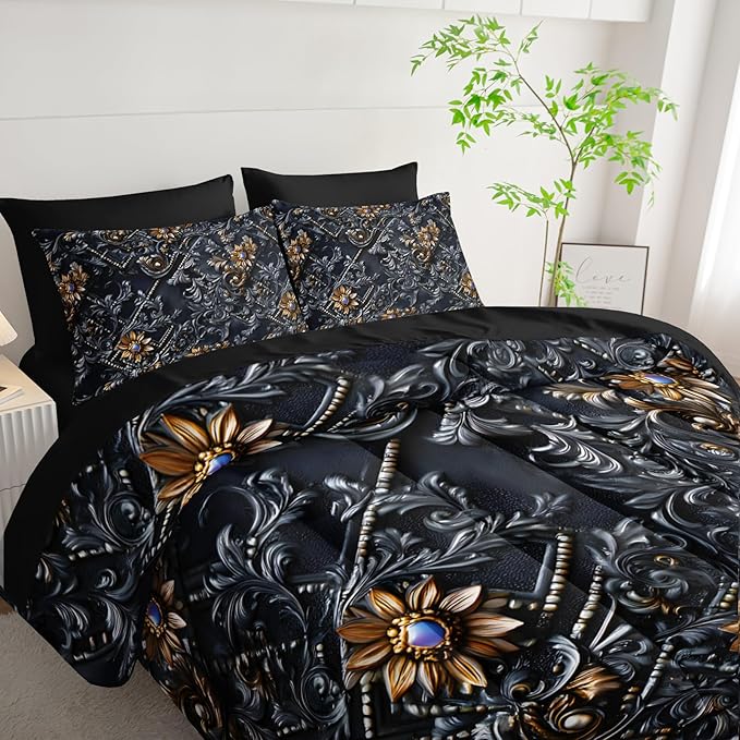 7 Piece Black and Gold Baroque Comforter Set King，Baroque King Bedding，(1 Comforter, 1 Flat Sheet, 1 Fitted Sheet, 2 Pillowcase and 2 Pillow Sham)，Baroque Gothic Bedroom Decor