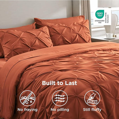 Bedsure King Size Comforter Set Burnt Orange - Bed in a Bag Bedding Set 7 Pieces, GentleSoft™ Pintuck Bed Set Gift for Family, Pinch Pleat Burnt Orange Comforter with Sheets, Pillowcases & Shams