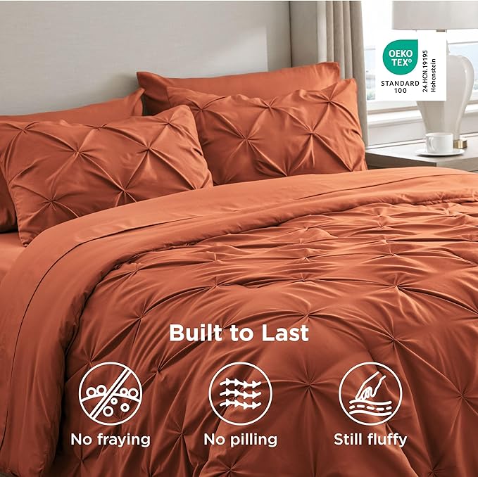 Bedsure Full Comforter Set Burnt Orange - Bed in a Bag Full Size Bedding Set 7 Pieces, GentleSoft™ Pintuck Bed Set Gift for Family, Pinch Pleat All Season Comforter with Sheets, Pillowcases & Shams