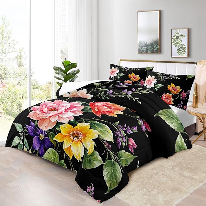 Raphus cucullatus Dark Botanical Bedding King Comforter Sets, Black and Pink, King Boho Floral Bed Set