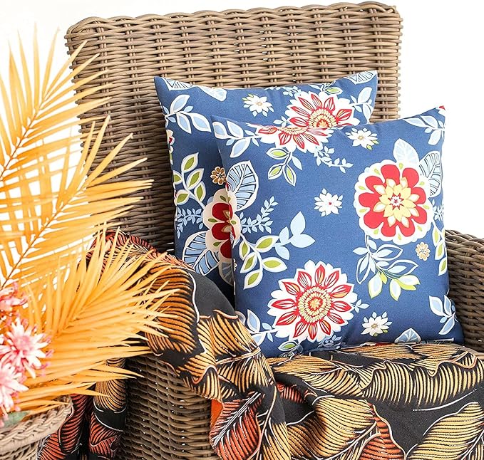 JMGBird Weather-Resistant Outdoor Pillows Set of 2, 18x18 inch Durable Red Flowers Blue Background Throw Pillows with Inserts for Patio Furniture
