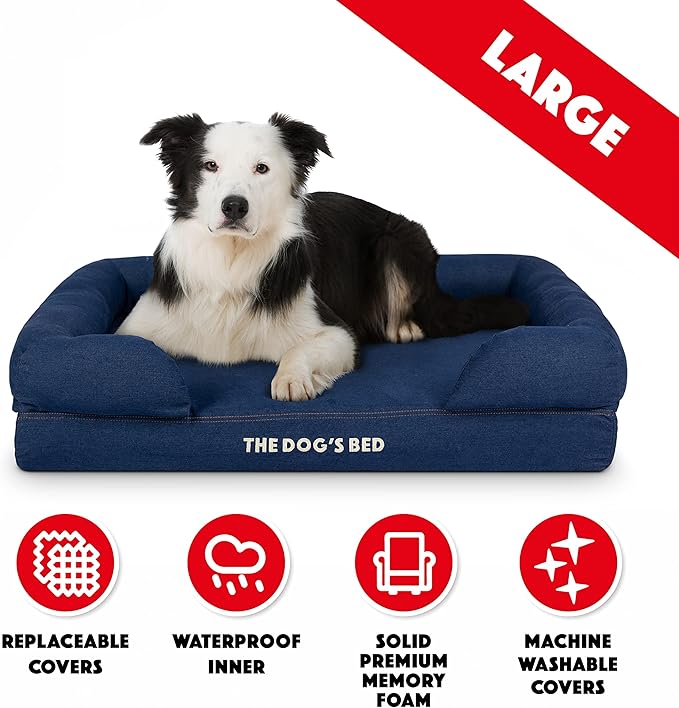 The Dog’s Bed Orthopedic Memory Foam Dog Bed with Bolsters, Oxford Fabric, Blue Denim, L