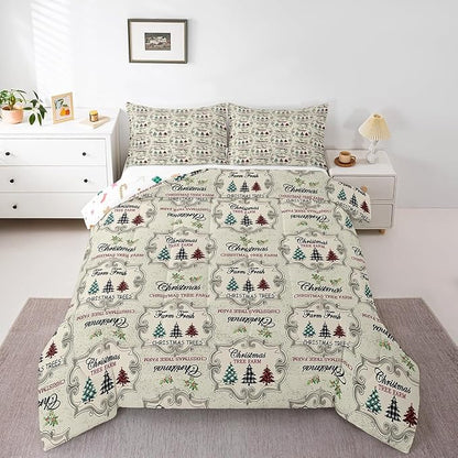 Christmas Tree Comforter Set Queen Size,Kids Colorful Stars Candy Snowflake Reversible Printed Bedding Set,Girls Boys Room Decor,Red Green Plaid Quilt Set Vintage Khaki Graffiti Duvet Insert 3Pcs