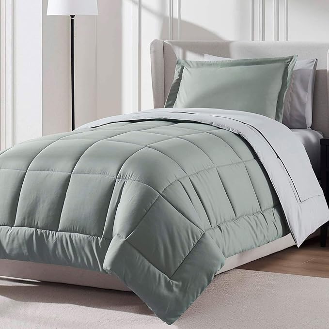 Nestl 5 Piece Twin XL Comforter Set – Sage Green Reversible Bed in a Bag – Complete Twin XL Size Bedding Set with Sheets, Pillowcase and Sham