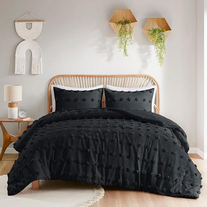 Intelligent Design King Comforter Set, Clipped Jacquard Comforter Set Chic Pompom Accent, All Seasons Lightweight & Fluffy Comforter Bed Set with 2 Shams, Lucy, King/Cal King, Black 3 Piece