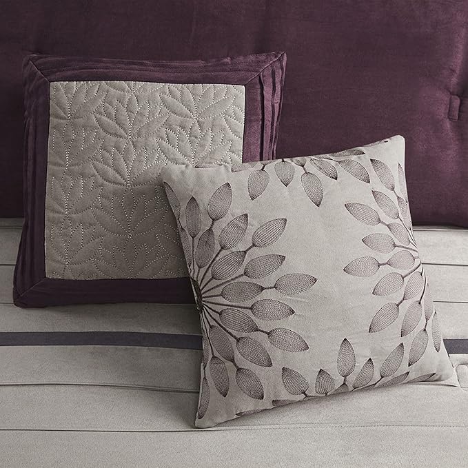 Madison Park Palmer Comforter Set - Faux Suede Design, Striped Accent, All Season Bedding, Shams, Decorative Pillow, Bed Skirt, Queen (90 in x 90 in), Purple 7 Piece