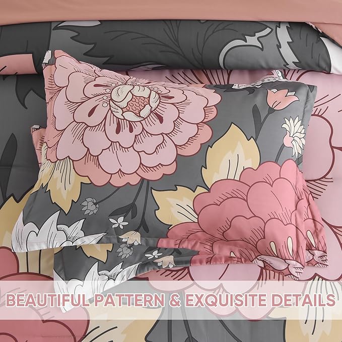 DJY Floral Queen Size Comforter Set Grey Pink 7 Pieces Bed in a Bag Botanical Pattern Boho Comforter Set, Soft Microfiber Complete Bedding Set for All Season(Pink/Grey, 90''x90'')