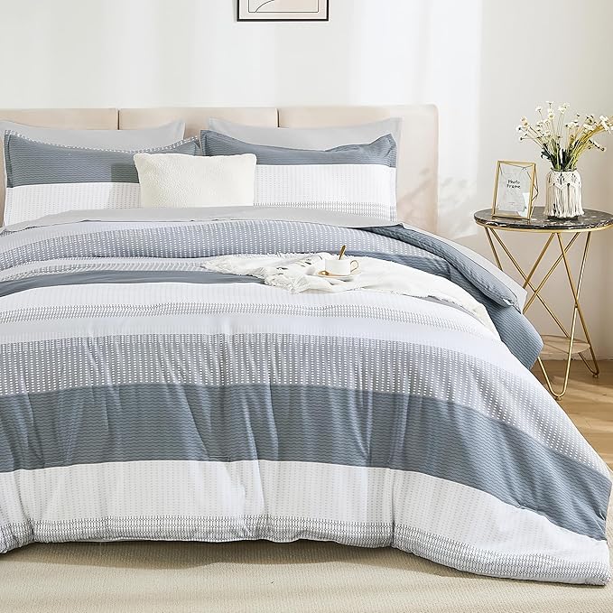 Andency Queen Size Comforter Set 7 Pieces - Light Grey Striped Lightweight Bed in a Bag, Soft Microfiber Farmhouse All Season Bedding Set with Comforter, Fitted & Flat Sheet, Pillowcases & Shams