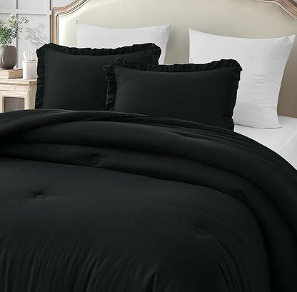 Chezmoi Collection Nora Black Comforter Set Oversized Queen 3-Piece Lightweight Soft Stone-Washed Ruffled Shabby Chic Bedding for All Season