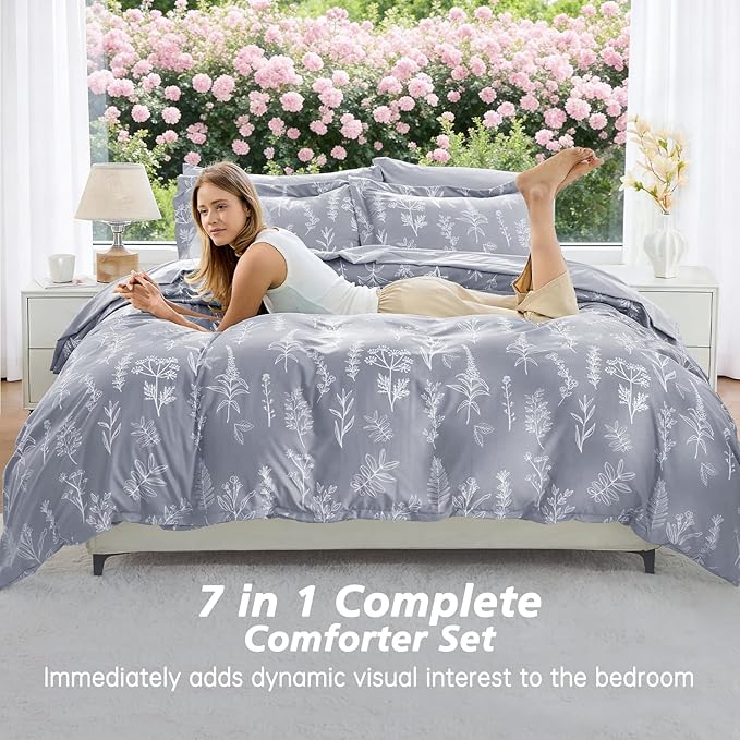 MUXHOMO Light Grey Full Comforter Set, Elegant Floral Print Bed in a Bag 7 Pieces, Ultra Soft & Breathable Reversible Botanical Pattern Bedding Set with Comforter, Sheets, Pillowcases, and Shams