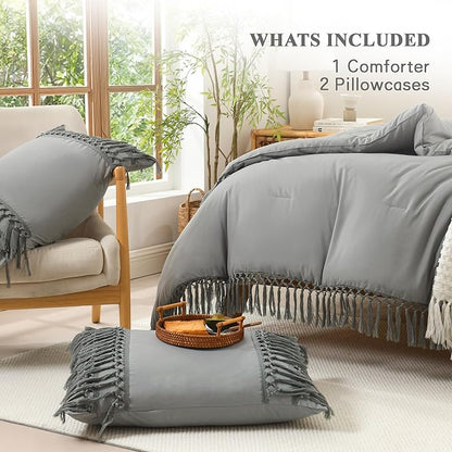 Andency Medium Grey Comforter Set California King, 3 Pieces Boho Cal King Tassel Lightweight Soft Bedding Comforter Sets, Oversized Bed Set (104x96In Comforter & 2 Pillowcases)