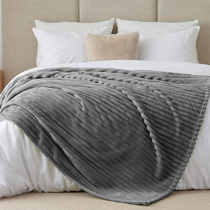 BEDELITE Blankets Queen Size for Bed, 300GSM Soft & Warm Fleece Blanket, Decorative and Giftable Striped Grey Blankets for Women, Men, 90"x90"