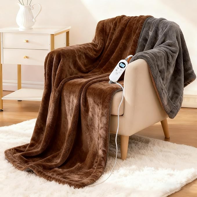 Electric Heated Blanket Throw 50''x60'' – Soft Dual-Sided Flannel, 12 Heat Settings, Smart Timer, ETL & FCC Certified, Machine Washable (Brown & Gray, Single(50"x60"))