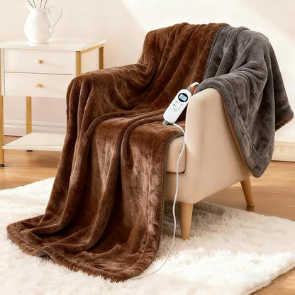 Electric Heated Blanket Throw 50''x60'' – Soft Dual-Sided Flannel, 12 Heat Settings, Smart Timer, ETL & FCC Certified, Machine Washable (Brown & Gray, Single(50"x60"))