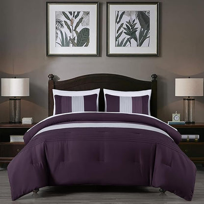 Chezmoi Collection Briar 7-Piece California King Bed in a Bag - All Season Lightweight Microfiber Comforter Set - Includes Sheets & Shams - Purple/Lavender/Gray Pleated Stripe Design