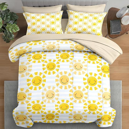 Comforter Set Twin Size, Cute Sunshine Sun 5 Pcs Bedding for Kids and Adults, Beach Summer Happy Bed Sheet Sets with Fitted Sheet Pillowcase & Sham for Bedroom Bed Decor