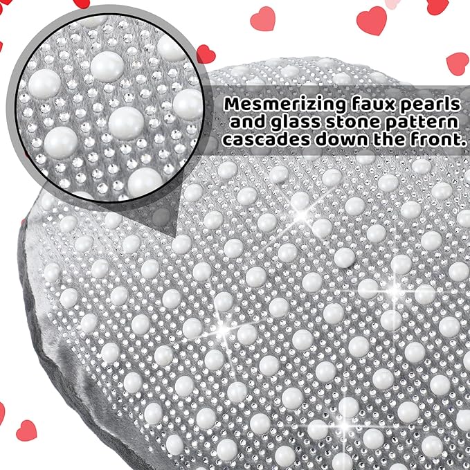 2 Pcs Rhinestones Heart Pillows with Sparkles Faux Crystal Pearls on Velvet Throw Pillow Silver Glitter Heart Cushion for Wedding Decoration Bed Sofa Mom Birthday Gifts, 13.8 x 11.8 Inch