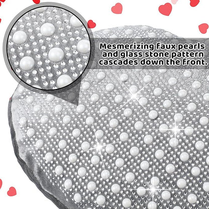 2 Pcs Rhinestones Heart Pillows with Sparkles Faux Crystal Pearls on Velvet Throw Pillow Silver Glitter Heart Cushion for Wedding Decoration Bed Sofa Mom Birthday Gifts, 13.8 x 11.8 Inch